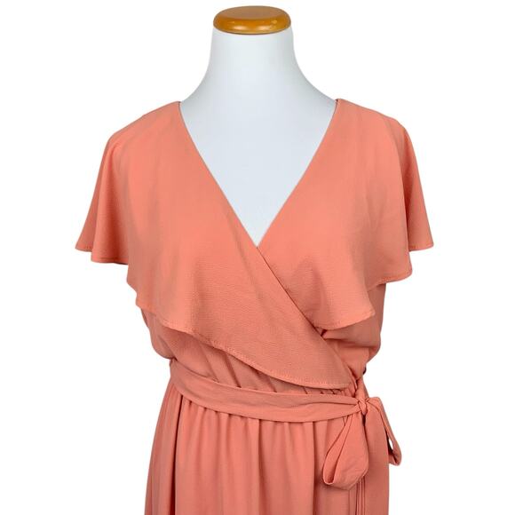 Vici Maxi Dress Peach Coral Flutter‎ Cape Sleeve Tie Waist Front Slit Women's L - Picture 2 of 9